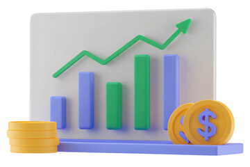 Bar chart with rising green line and gold coins with dollar signs.