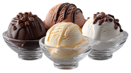 Delightful Ice Cream Selection: A mouthwatering close-up of diverse ice cream scoops, artfully presented in elegant glass dishes. This photo brings a cool vibe to any project. 