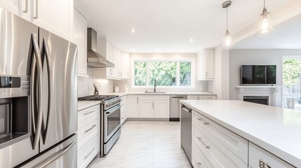 Modern White Kitchen: Stainless Steel Appliances and Bright Windows