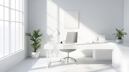 Fototapeta premium Modern Minimalist Office: Sunlit Workspace with White Desk and Greenery