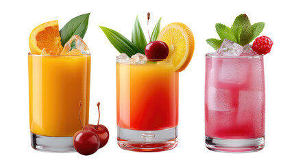 Fototapeta premium Colorful Cocktail Trio: Refreshing drinks garnished with citrus and fresh herbs, creating a vibrant still life, perfect for culinary and beverage-related content.