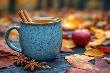 A cup of tea with cinnamon and anise on a table.