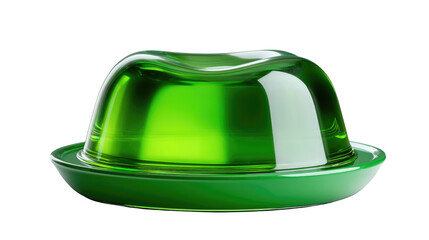 Fototapeta premium Gelatinous Green Delight: A photorealistic close-up presents a meticulously crafted gelatin dessert, its translucent, vibrant green form shaped into a whimsical silhouette of a hat.