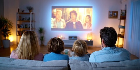 family watching movie on projector in living room 