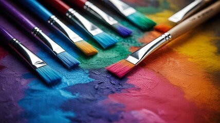 Obraz premium Artistic Paintbrushes Palette with Vibrant Color Bristles on Textured Background CloseUp