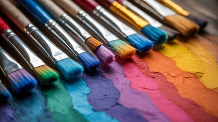 Fototapeta premium Artistic Row of Paintbrushes with Colorful Bristles and Textured Paint Strokes Layout