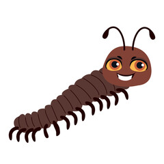 Cartoon illustration of a cute and funny millipede character with many legs and a big smile. Drawing for children’s educational content