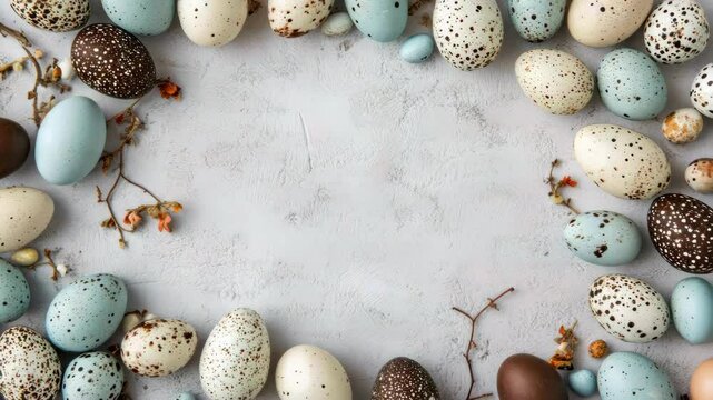 Pastel colored quail eggs arranged on textured gray surface with delicate floral accents forming border