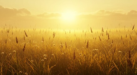Fototapeta premium Golden Hour Meadow Serene Sunset Landscape with Tall Grass and Wildflowers