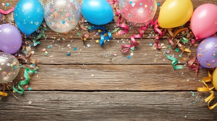 Festive party decorations with colorful balloons and confetti on a rustic wooden background