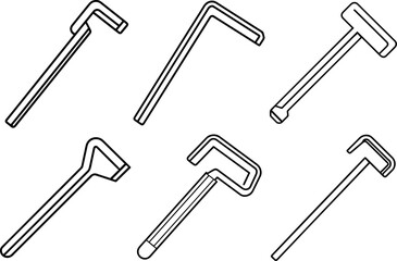 Set of Allen key hex wrench outline vector drawing