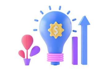 A blue lightbulb with a dollar sign, a plant, and upward graph bars symbolize financial growth and innovation.