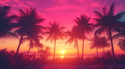 Retro neon road with palm trees sunset horizon glowing sky vibrant colors picture