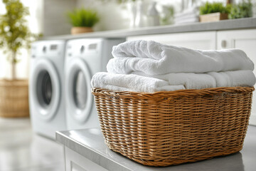 Towels neatly stacked on laundry basket on counter.