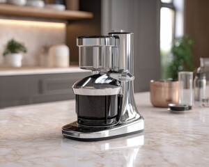 Sleek chrome coffee grinder sits on a marble countertop in a modern kitchen, ready to brew a fresh pot of coffee.