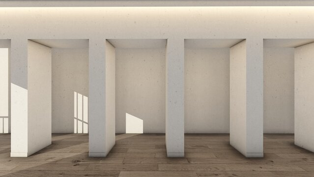 Colonnaded hall room interior space design 3d rendering