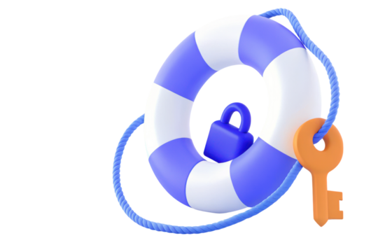 A blue and white lifebuoy with a rope, a padlock, and an orange key attached.