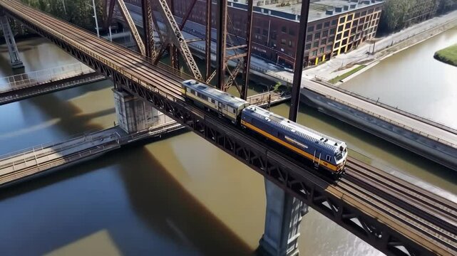 passenger train crossing iron bridge over river in urban landscape on sunny day