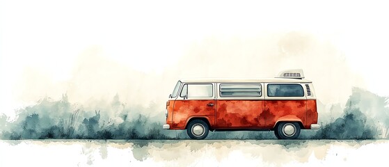 Obraz premium Retro watercolor van on road trip.
