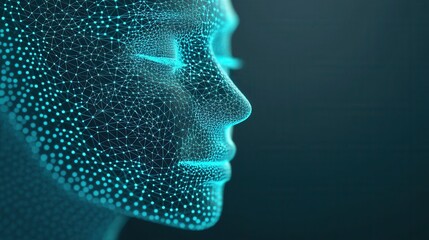 Obraz premium Futuristic digital profile, glowing blue holographic representation of a human face, emphasizes technology and innovation.