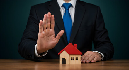 Man in Suit Blocks Small Wooden House on Table in Front of Dark Teal Background