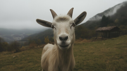 Obraz premium Goat with mountain background. Wildlife nature in high landscapes