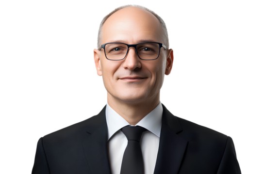 Portrait of a smiling business man in a suit and glasses, standing against a transparent background. PNG file. - Powered by Adobe