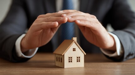 Hands protecting a small house model