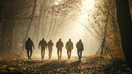 group of adults walking away on forest trail during daytime, silhouetted against misty sunlight - Powered by Adobe