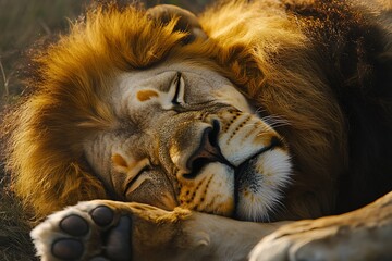 Close up of a sleeping lion with golden mane and paws resting peacefully on the ground outside in nature