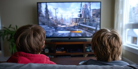 photo of kids playing video game on big-screen tv 