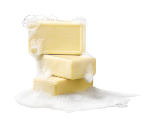 Luxurious organic soaps with charming bubbles of soap foam on a white background