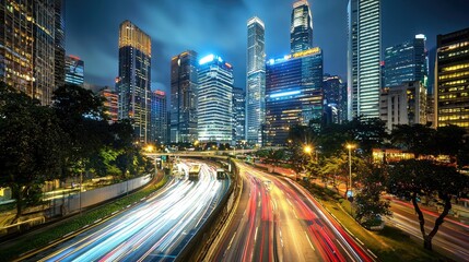 Naklejka premium Urban cityscape at night with illuminated highways.