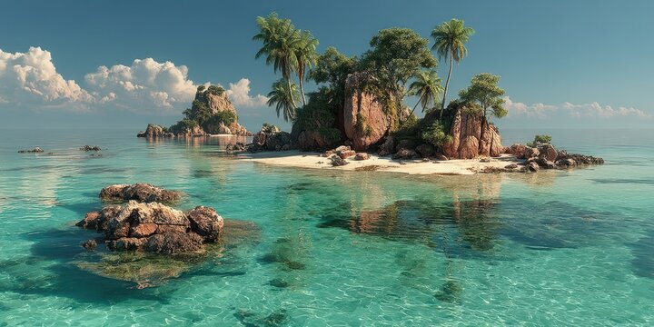 Crystal clear waters and rocky islands in a tropical paradise under a bright blue sky
