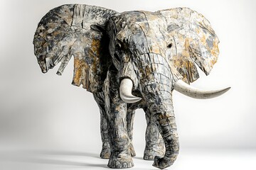 Obraz premium A textured elephant sculpture with large tusks standing on a white surface in a studio setting