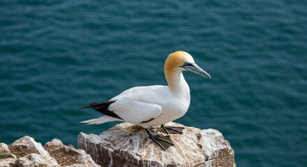 Gannet Bird on Coastal Rock - A majestic gannet bird perches on a rugged coastal rock, symbolizing freedom, wildlife, nature, the ocean, and resilience