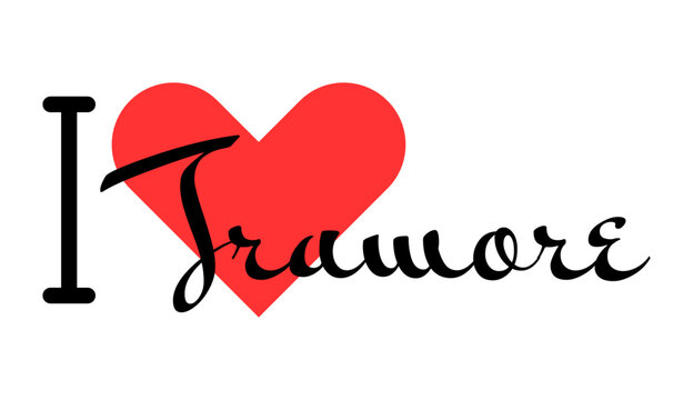 I love Tramore, city of Ireland. Hand drawn letters with red heart. Vector illustration lettering, modern design