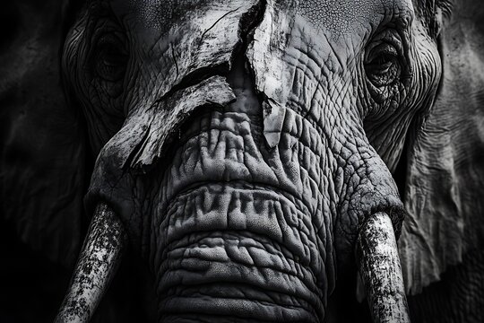 Monochrome close up of an elephant face with visible skin texture and ivory tusks in detail view