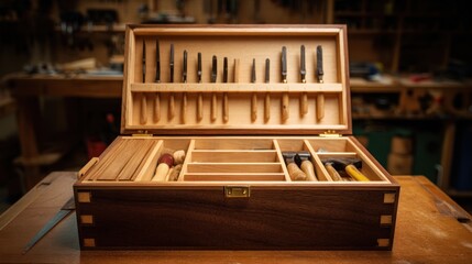 Wooden woodworking tool box with organized compartments and various tools