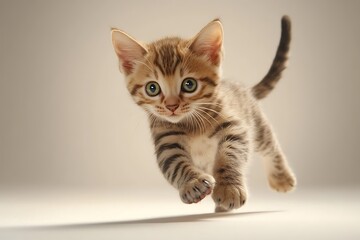Obraz premium A tabby kitten midair with paws extended and tail up against a neutral background in studio lighting