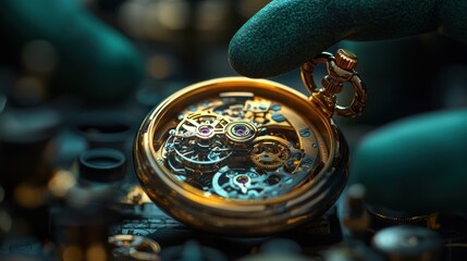 Intricate golden gears of antique pocket watch, meticulously examined by gloved hands during repair.  Precise craftsmanship, detailed mechanism