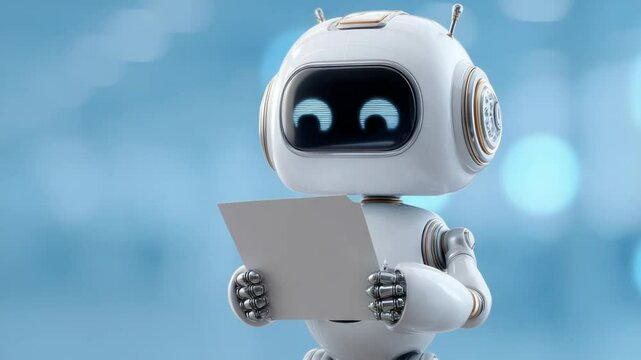 Friendly robot reading document in modern workspace, showcasing technology integration