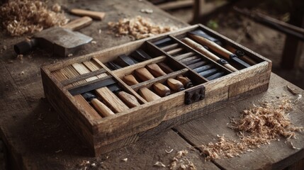 Wooden tool box filled with various woodworking tools