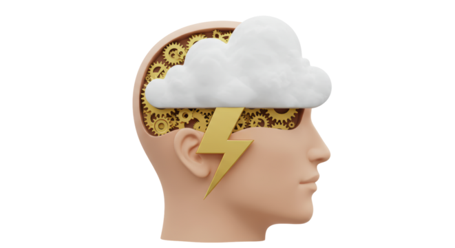 Isolated Human Head with Cloud Lightning Brainstorm