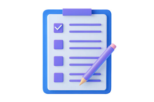 A blue and purple clipboard with a checklist and a pencil.