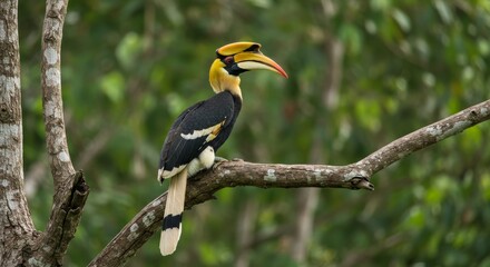 Great Hornbill Perched on Branch - A majestic great hornbill, a symbol of the rainforest, is perched on a tree branch. The evokes feelings of freedom, nature, wildlife, tranquility, and exotic beauty
