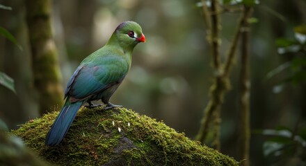 Obraz premium Green Bird on Mossy Rock - A vibrant green bird with a red beak perches on a mossy rock in a lush forest setting