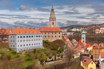 Obraz premium View of old town and tower among historic architecture in Cesky Krumlov, Czech Republic