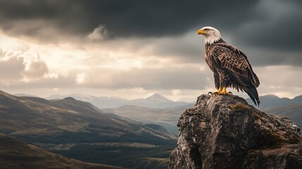 Majestic eagle perched atop a mountain peak, surveying the landscape