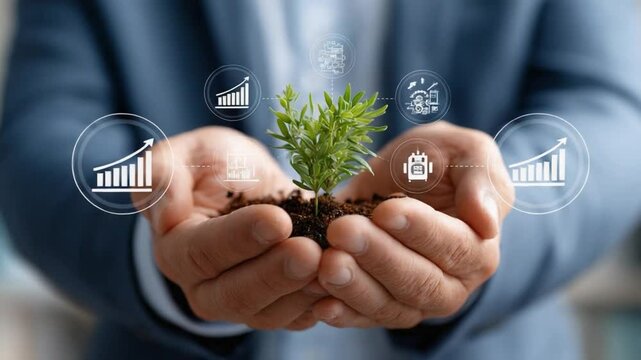 Nurturing Business Growth: A person's hands tenderly cradle a young plant, symbolizing growth, investment, and the blossoming of new opportunities, against a soft backdrop of business icons.